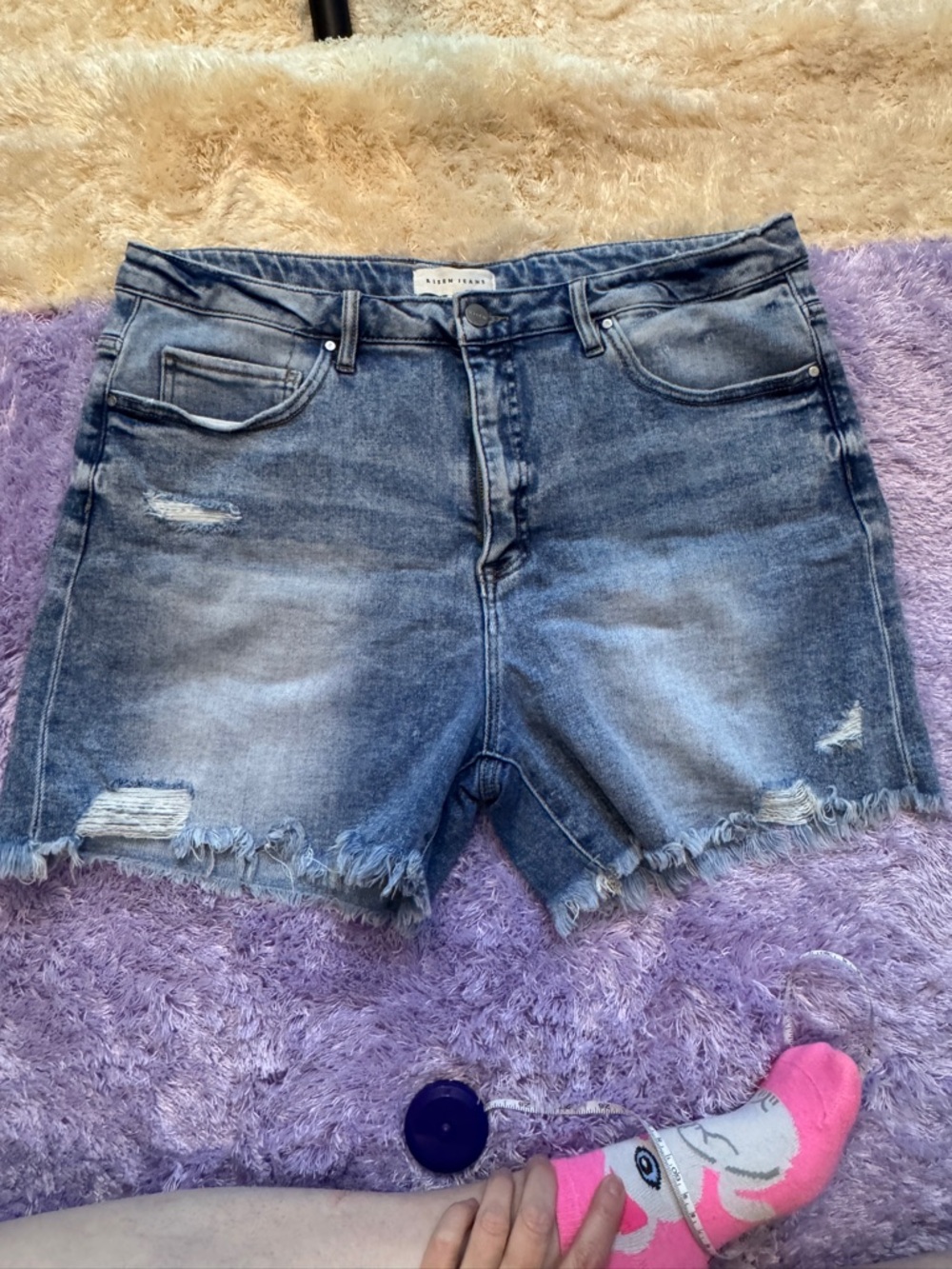 Risen - Tummy Control Shorts - Distressed Frayed Hem - Medium Wash - 2x